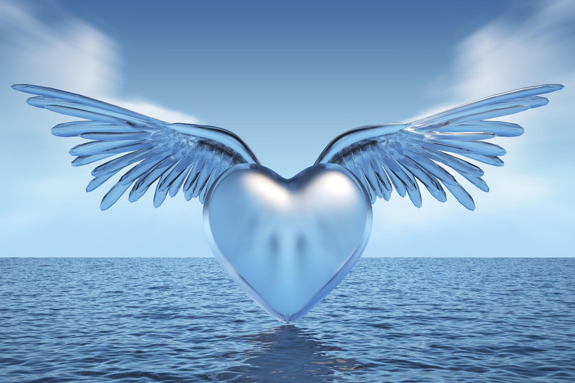 glass wings with shape heart over the ocean