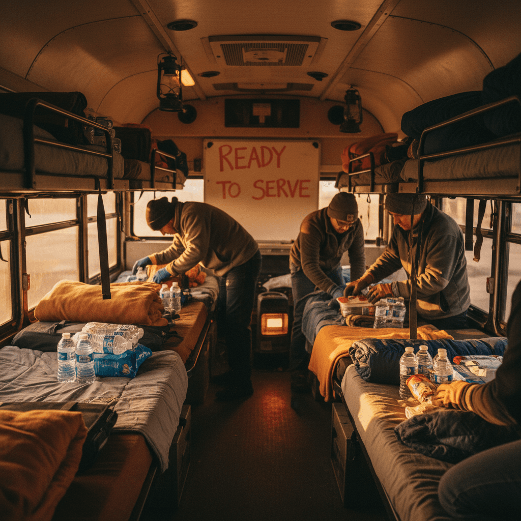Staff preparing mobile shelter for community service