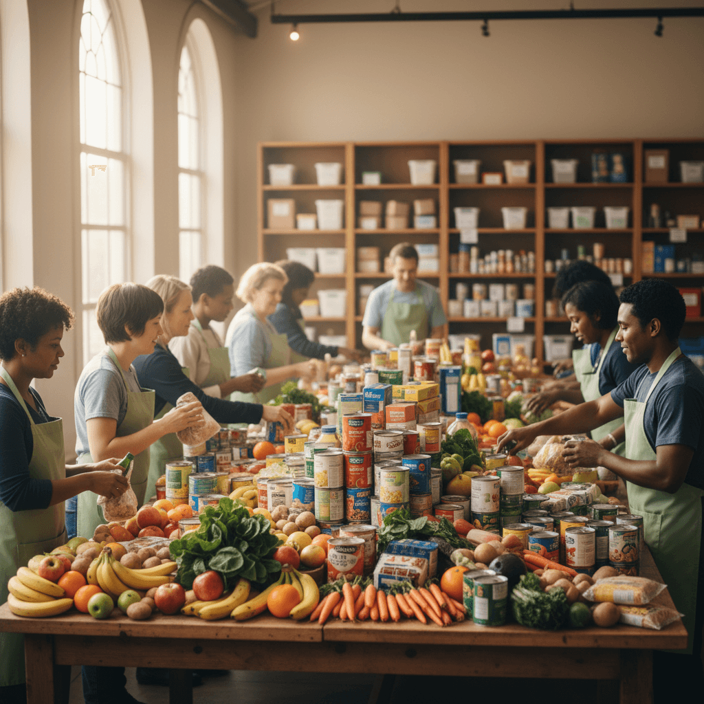 A warm, documentary-style medium shot of volunteers and community members gathered around tables laden with fresh produce, canned goods, and packaged food items in a bright community space.