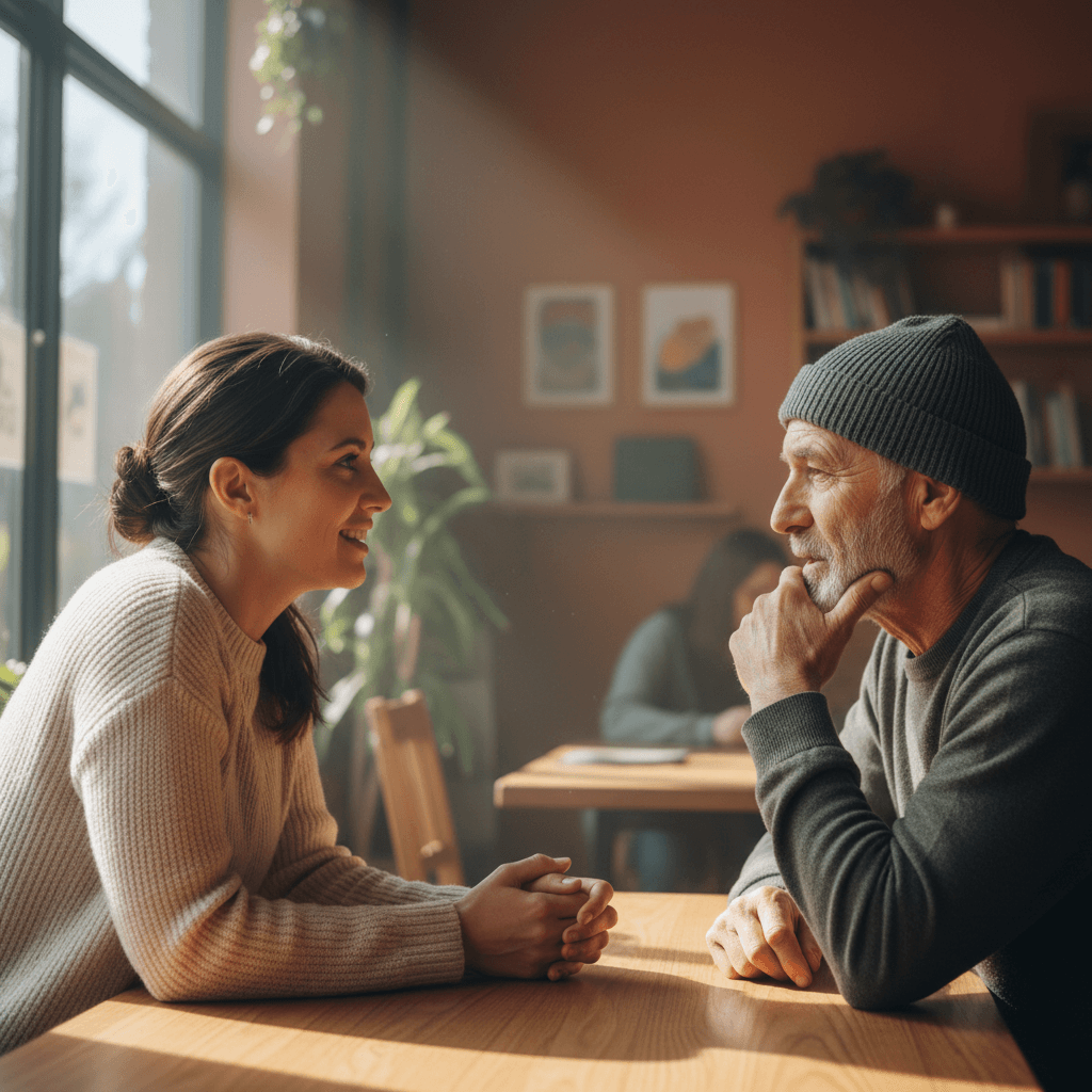 A candid, intimate medium shot of two people in conversation