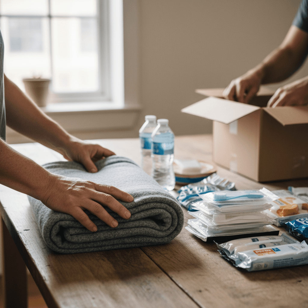 Volunteer hands preparing shelter supplies