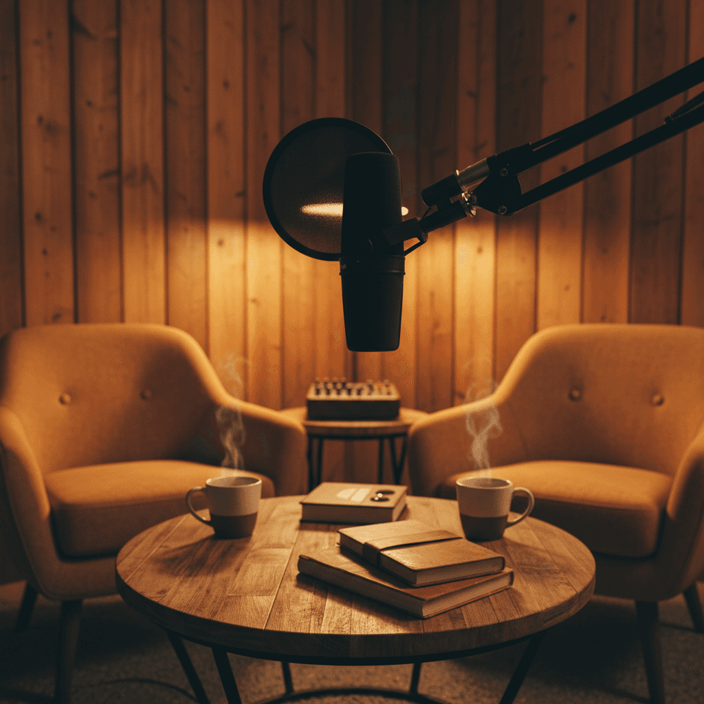 Podcast recording studio setup with microphone and conversation chairs