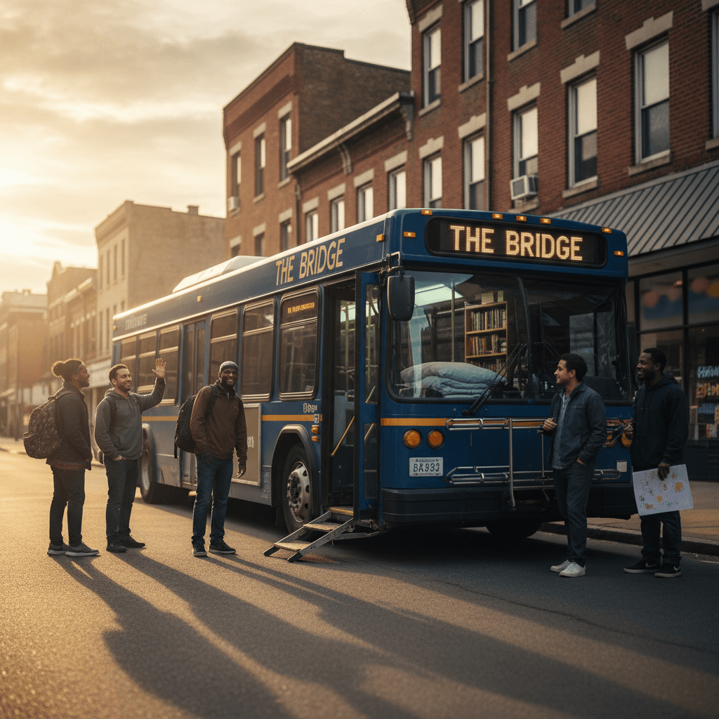 A cinematic wide shot of a repurposed DART bus converted into a mobile shelter