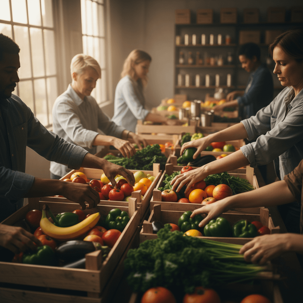 Hands sorting fresh produce in food pantry