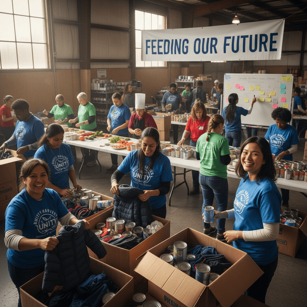 A wide, energetic shot of a community gathering or volunteer event