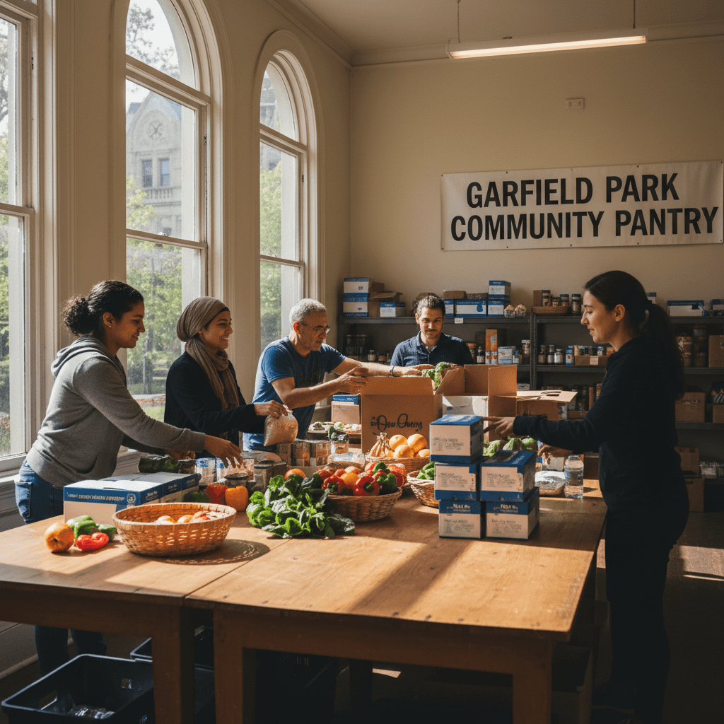 Volunteers sorting food donations at community pantry