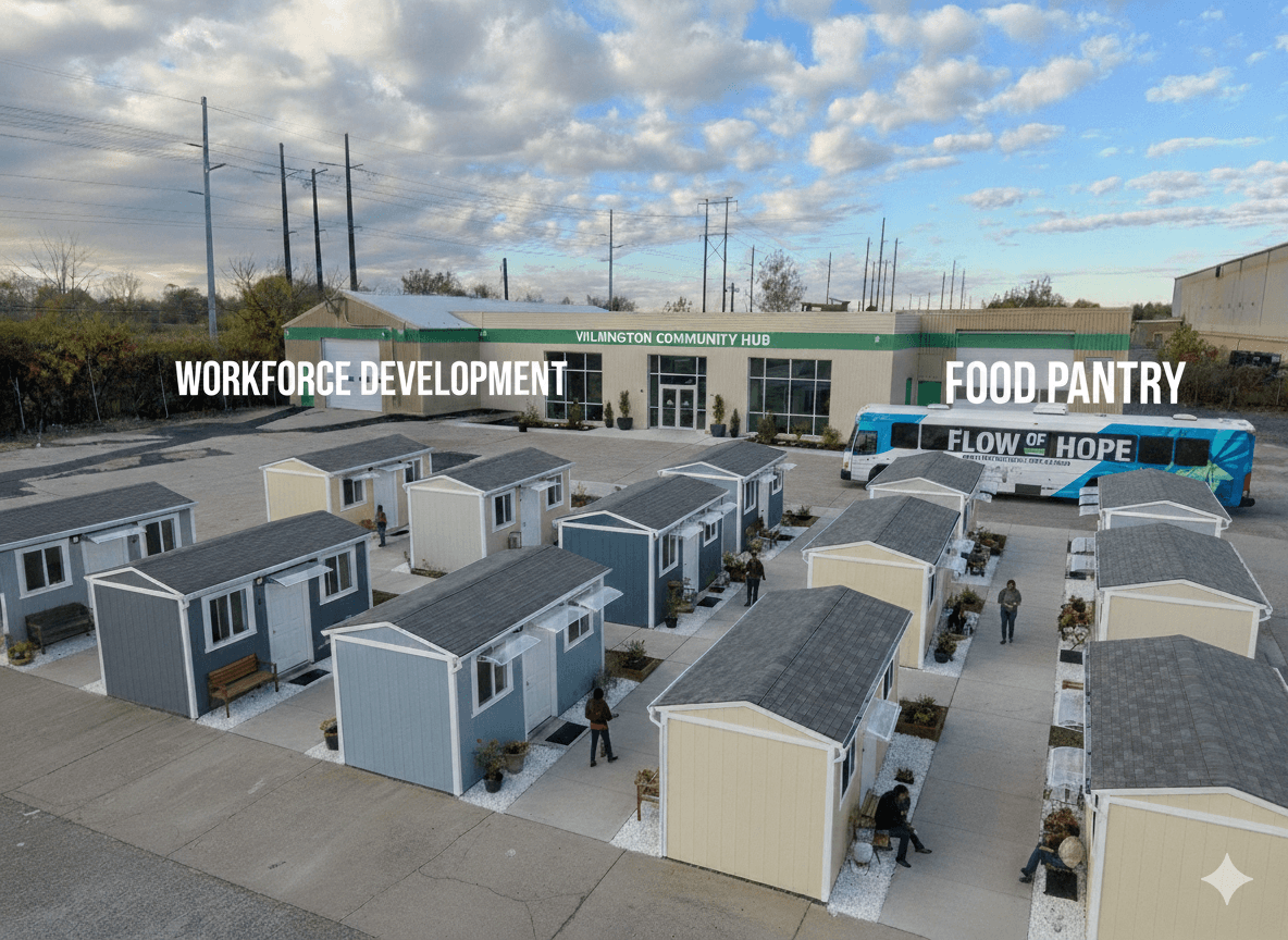 Aerial view of colorful tiny homes, a community hub, and a "Flow of Hope" bus.