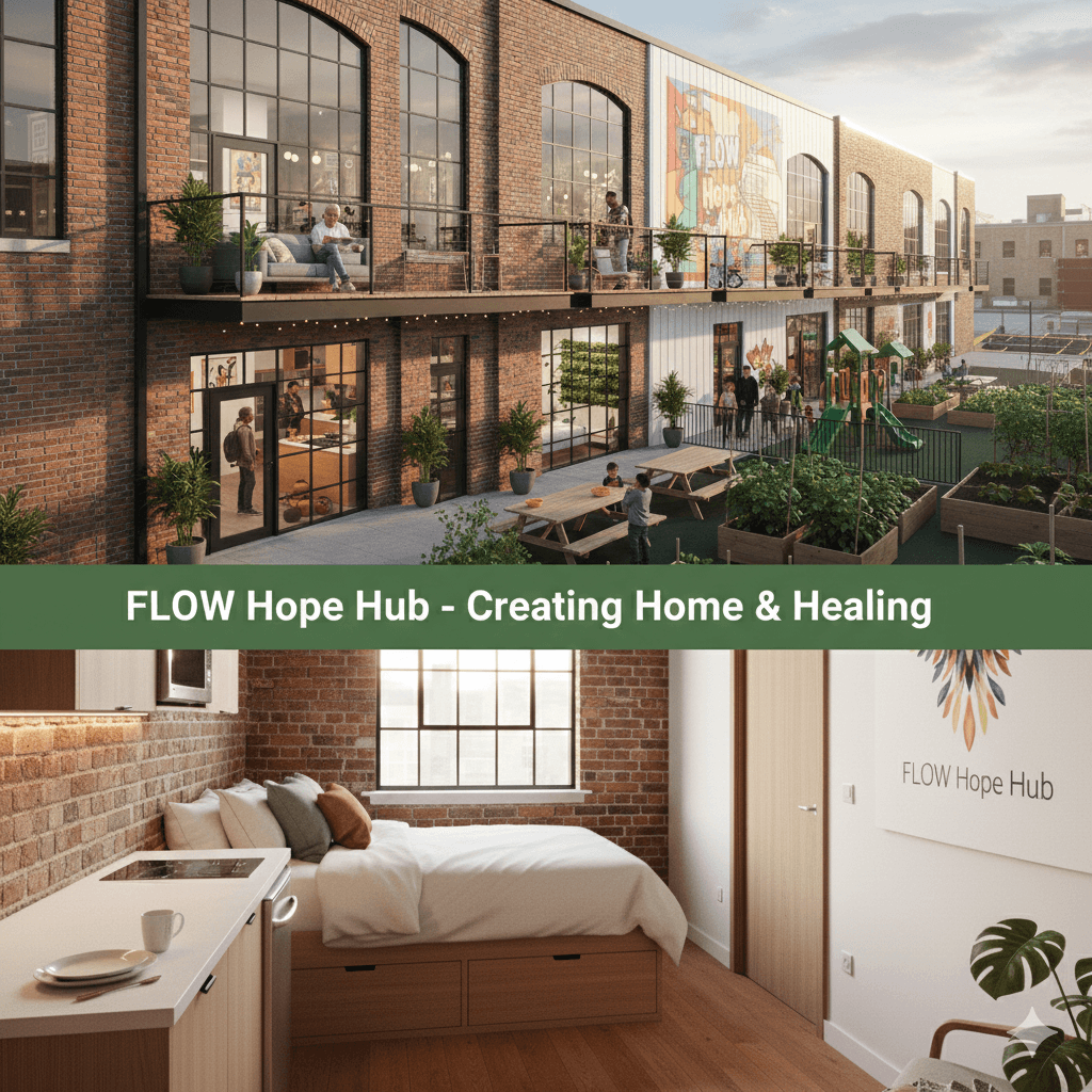 Vibrant community hub with outdoor gardens, playground, and cozy studio apartment interior.