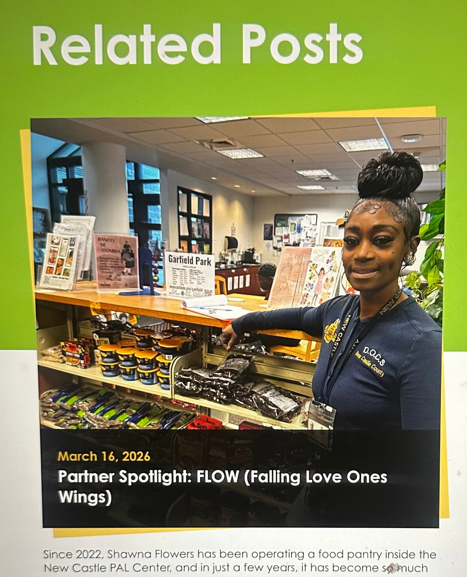 Shawna Flowers smiles behind a food pantry counter for a FLOW partner spotlight feature.